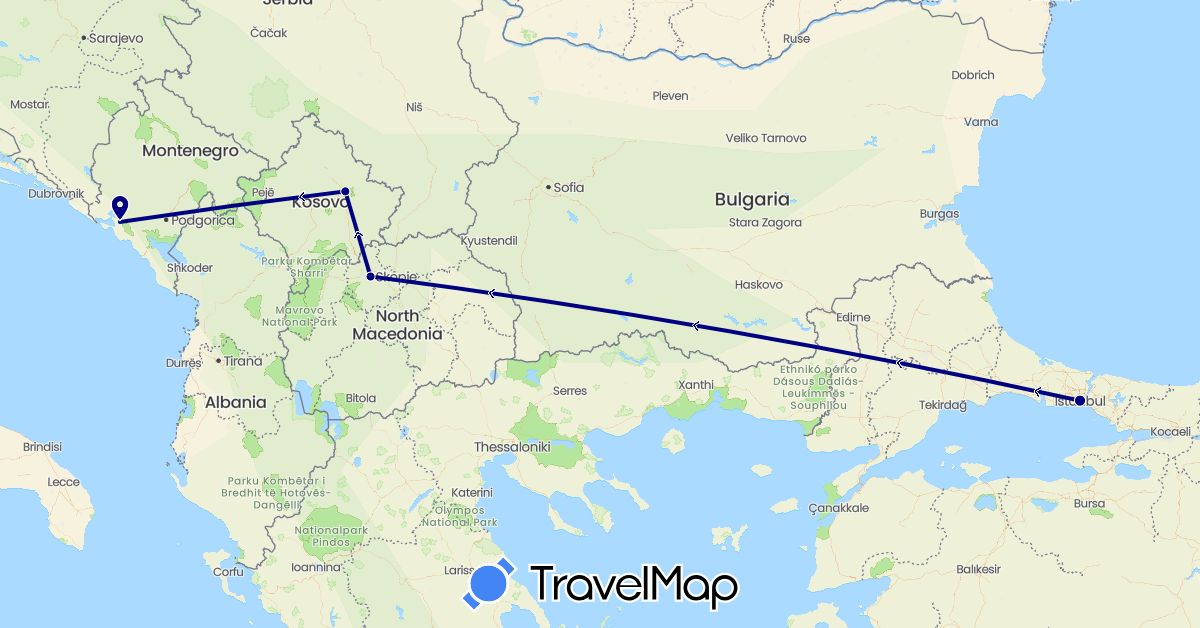 TravelMap itinerary: driving in Montenegro, Macedonia, Turkey, Kosovo (Asia, Europe)